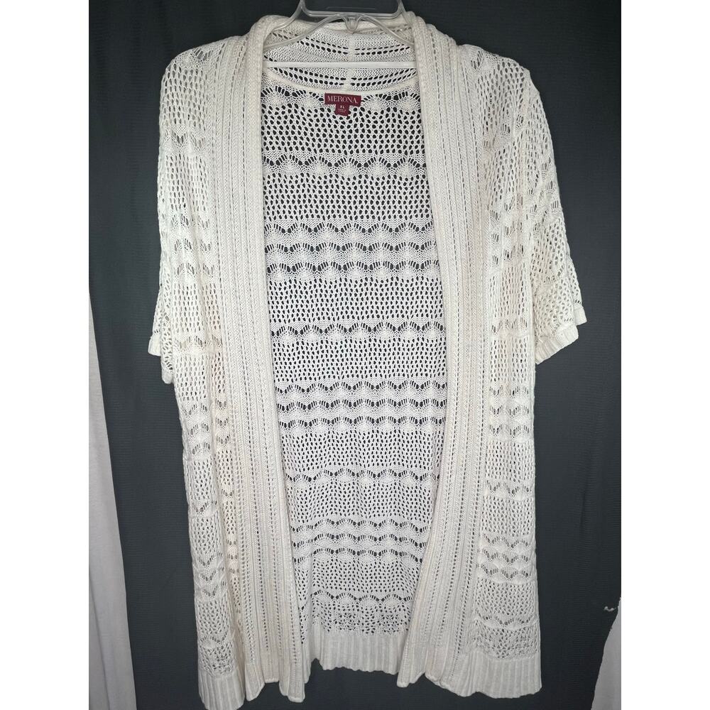Short sleeve open weave linen blend duster cream cardigan, size XL, EUC